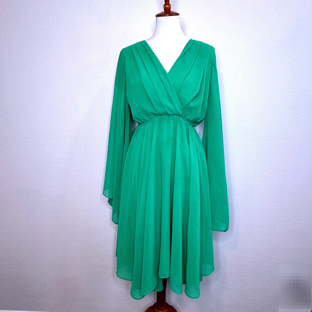 MEGHAN LA‎ Sunset Dress Emerald Green Midi SMALL Draped Surplice Bodice Fairy
